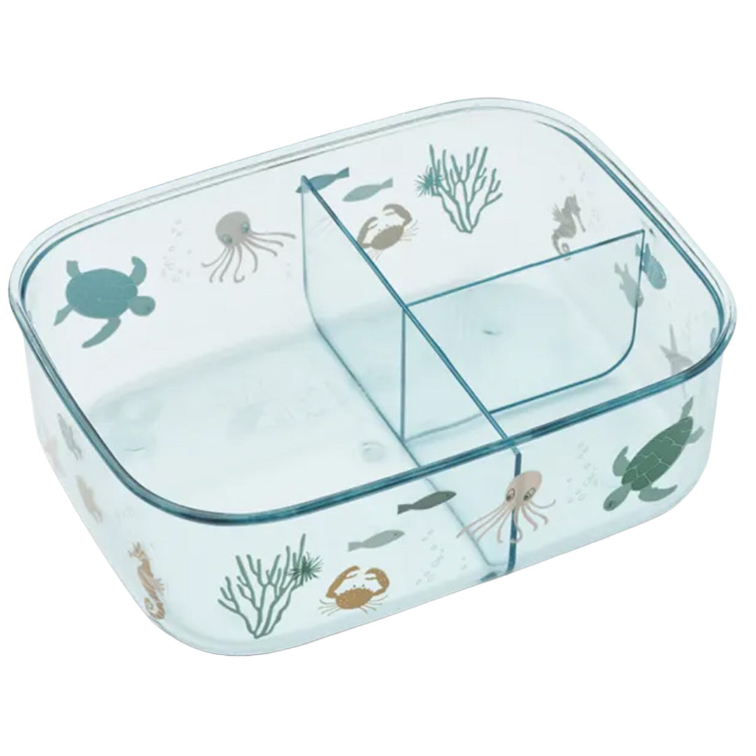 Transparante broodtrommel met drie vakken en illustraties van zeedieren.