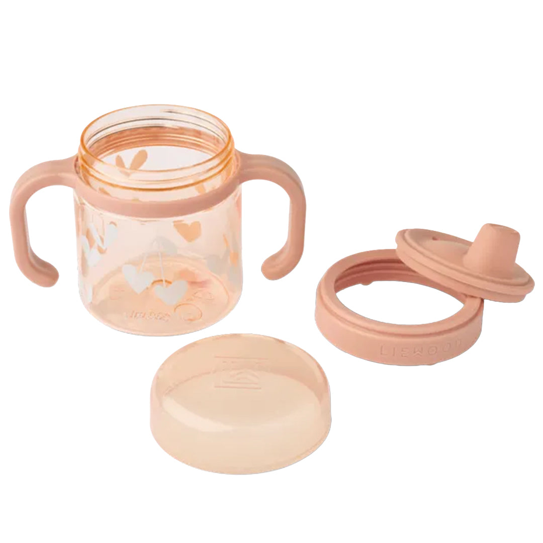 Gedemonteerde Liewood tuitbeker Kylo voor baby's en peuters, met de beker, deksel met zachte tuit en losse dop.
