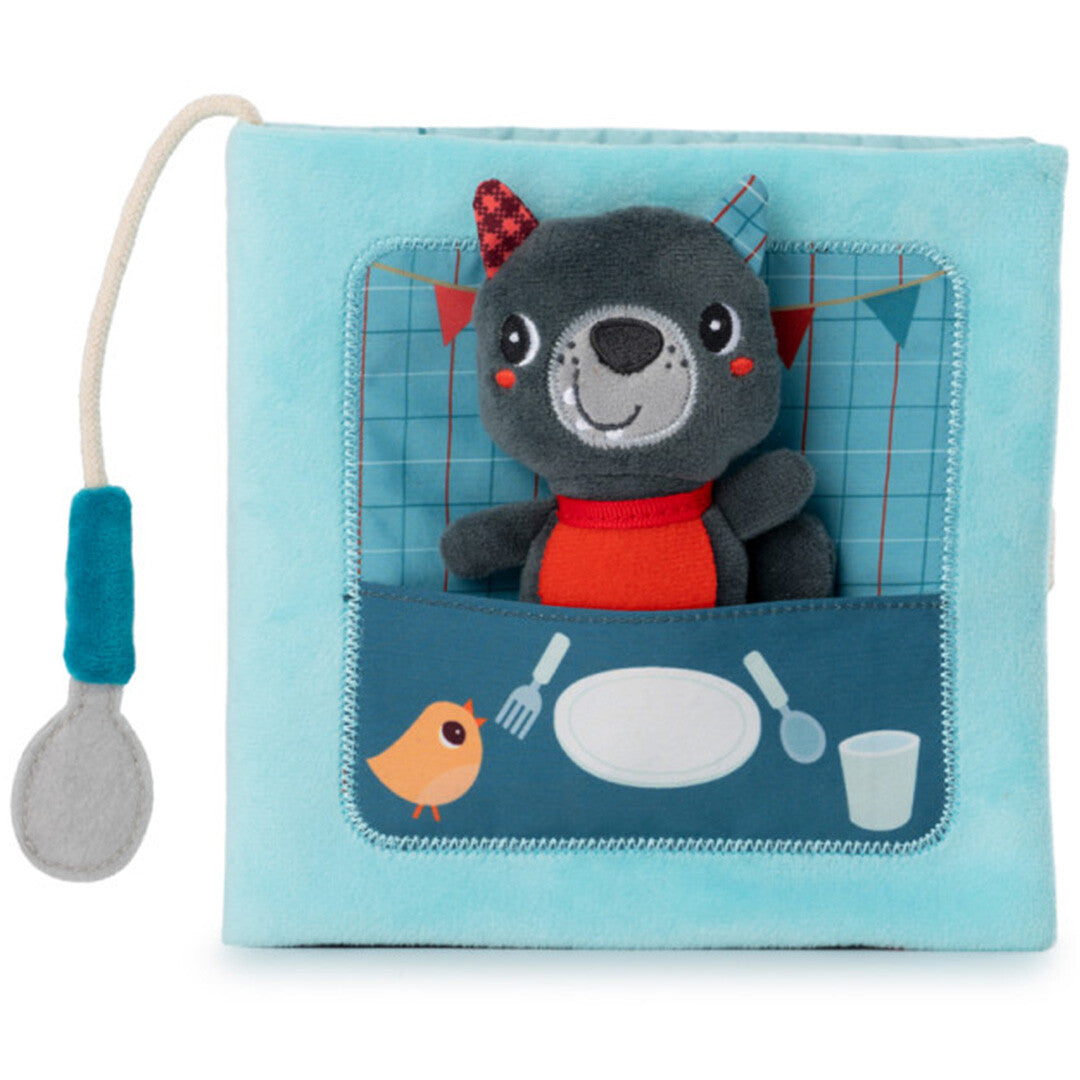 Lilliputiens babyspeelgoed activiteitenboek met een wolf vingerpopje en een stoffen lepel.