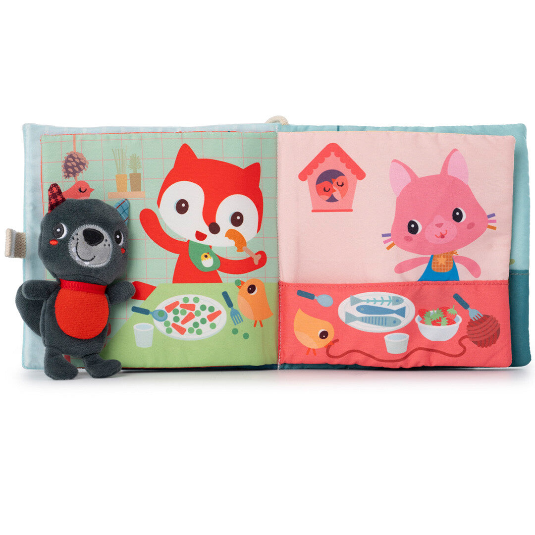 Lilliputiens babyspeelgoed activiteitenboek open met een wolf vingerpopje, een vos en een kat.