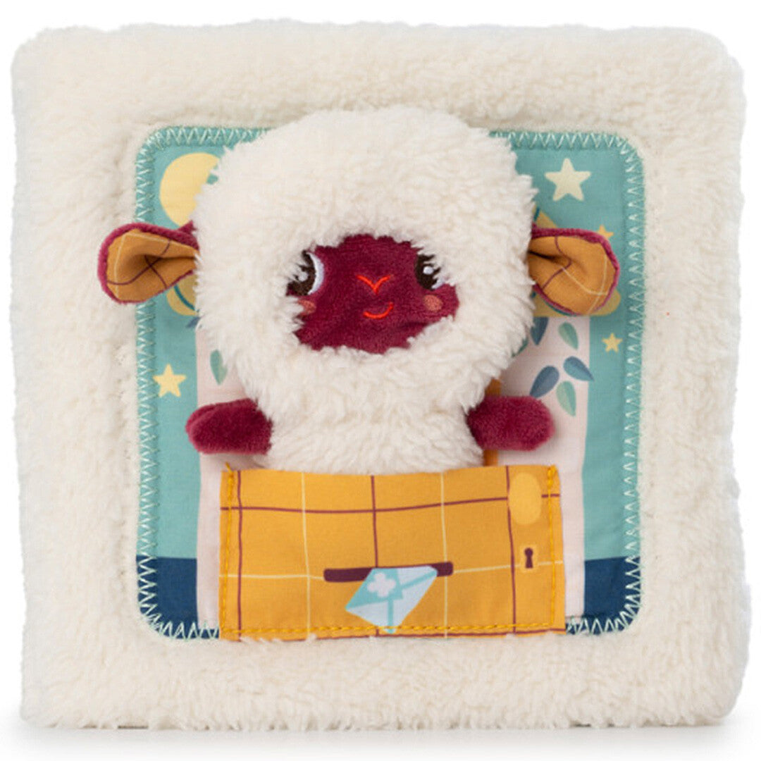 Lilliputiens babyspeelgoed activiteitenboek met het schaap Yvon dat uit een huisje kijkt.