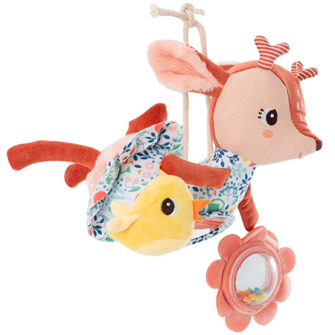 Lilliputiens activiteitenhanger Stella met een pluche hert, vogel en bloem rammelaar.