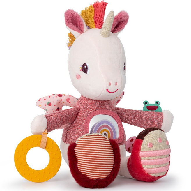 Lilliputiens activiteitenknuffel eenhoorn Lena met regenboog op de buik en een gele bijtring.