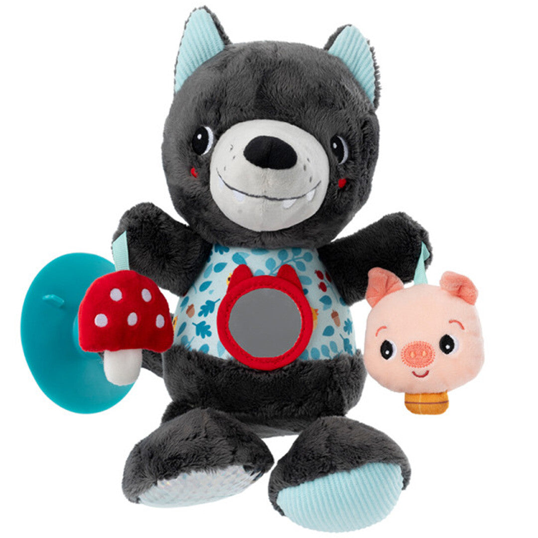 Lilliputiens activiteitenknuffel Louis de wolf met paddenstoel en varkentje, en een blauwe zuignap.