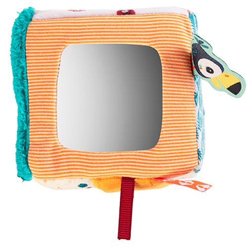 Lilliputiens activiteitenkubus met een oranje gestreept vlak en een vierkante babyspiegel.
