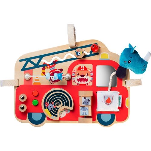 Lilliputiens houten activiteitenpaneel in de vorm van een rode brandweerwagen met Marius thema.