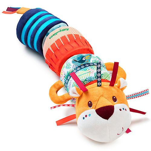 Lilliputiens activiteitenrammelaar in de vorm van een veelkleurige rups met een oranje dierenkop en verschillende texturen.