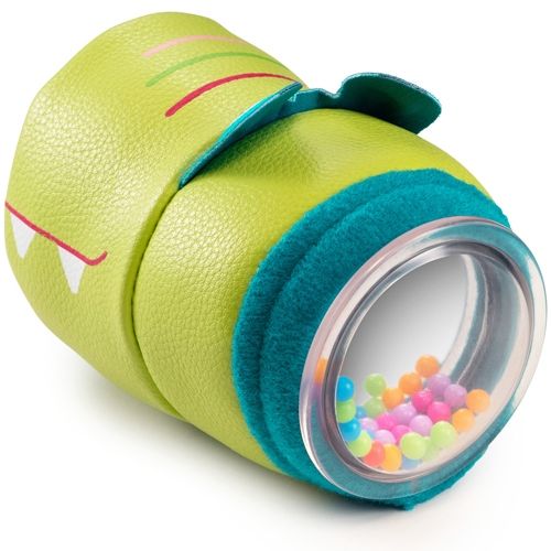 Lilliputiens krokodil rammelaar met een transparant uiteinde gevuld met gekleurde balletjes.