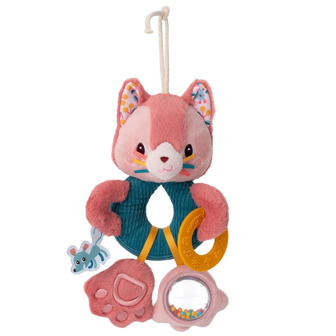 Lilliputiens babyspeelgoed activiteitenring Jeanne de kat, een roze pluche kat met rammelaar en bijtring.