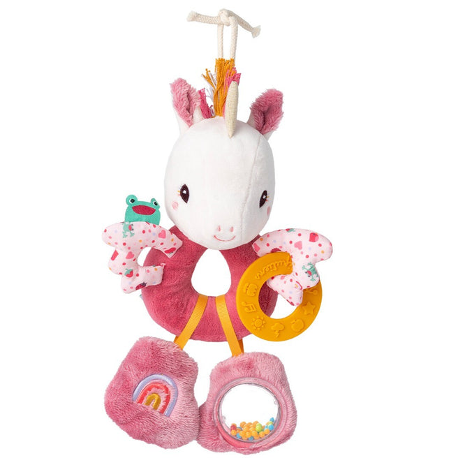 Lilliputiens activiteitenring voor baby's in de vorm van een roze eenhoorn met rammelaar en bijtring.