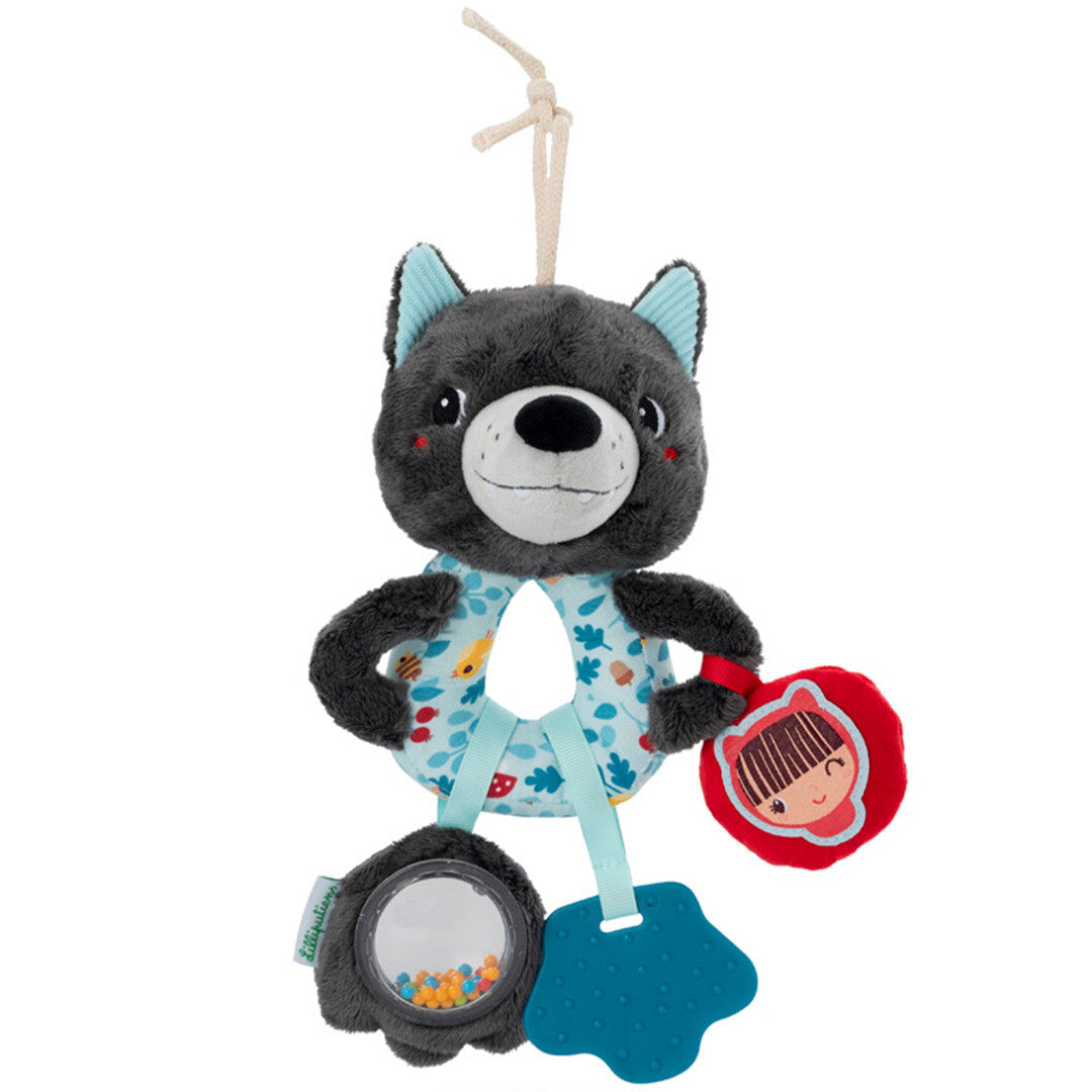Lilliputiens activiteitenring Louis de wolf, een grijze rammelaar met bijtring en shaker voor baby's.