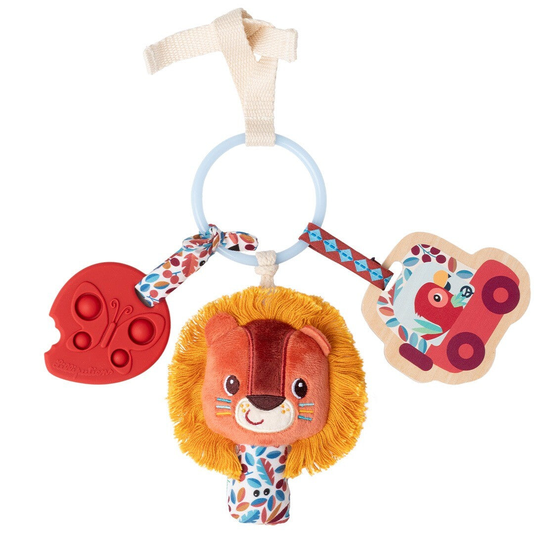 Lilliputiens babyspeelgoed activiteitenring met pluche leeuw, rode vlinder bijtring en houten auto.