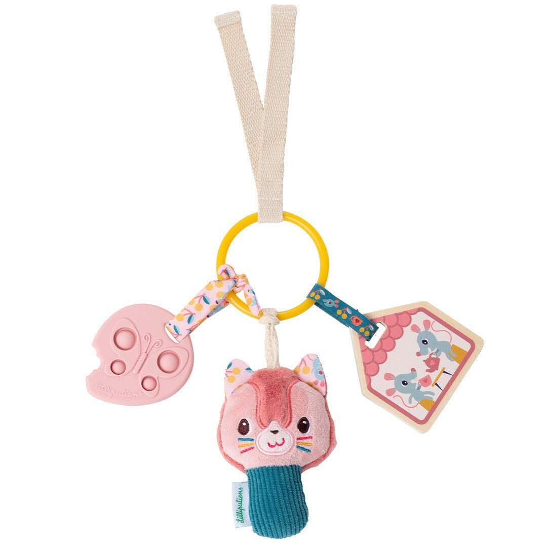 Lilliputiens activiteitenring met roze kattenkop, vlinder bijtring en houten label met muizen.
