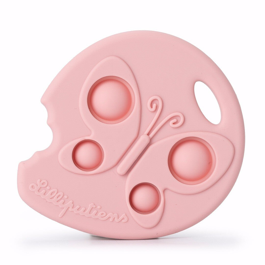 Lilliputiens roze siliconen bijtring in de vorm van een vlinder.