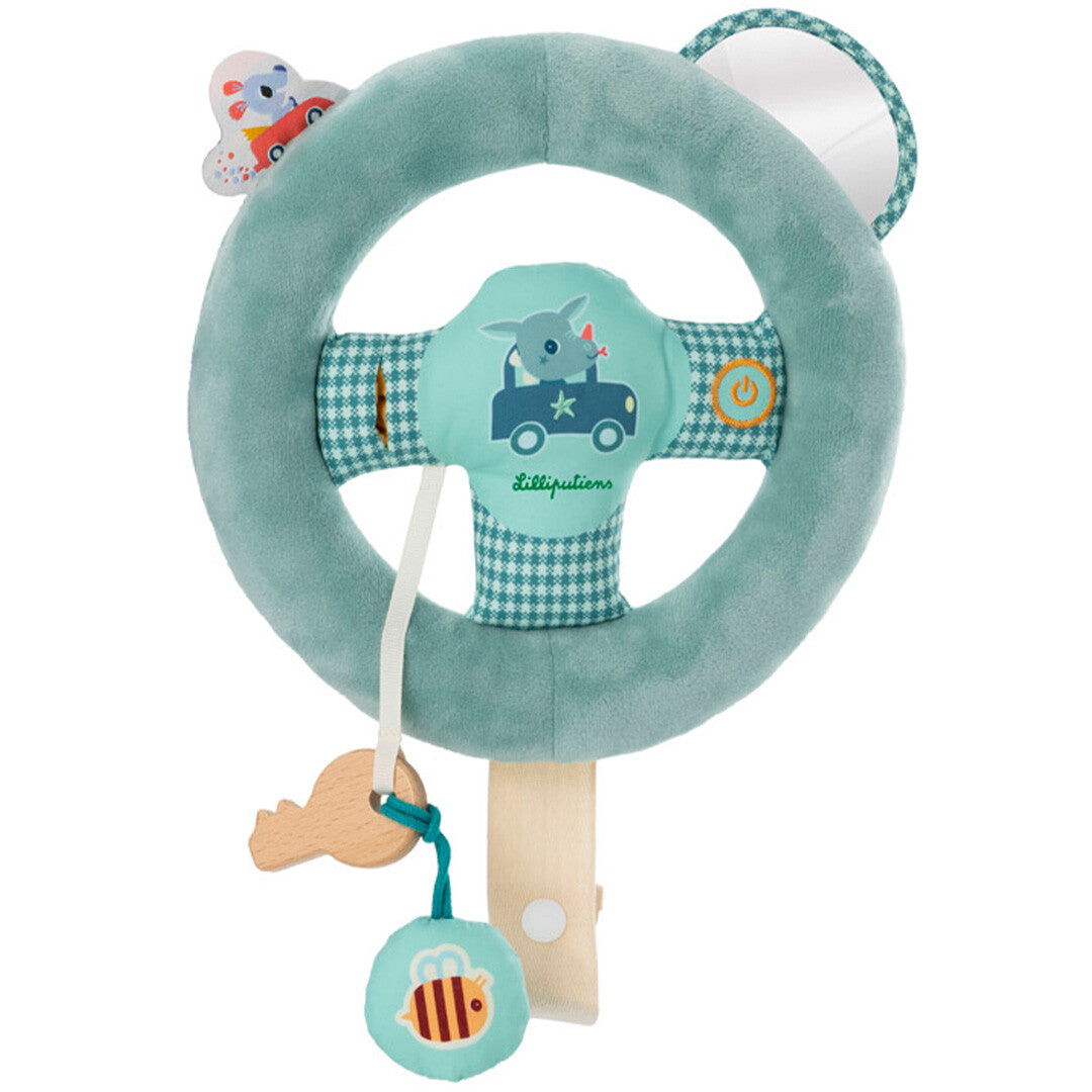 Lilliputiens groen pluche activiteitenspeelgoed stuur met houten details en een spiegel.