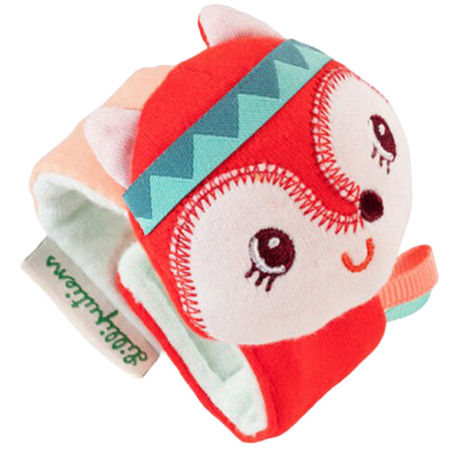 Lilliputiens babyspeelgoed armbandrammelaar in de vorm van een rode vos met geometrisch patroon.