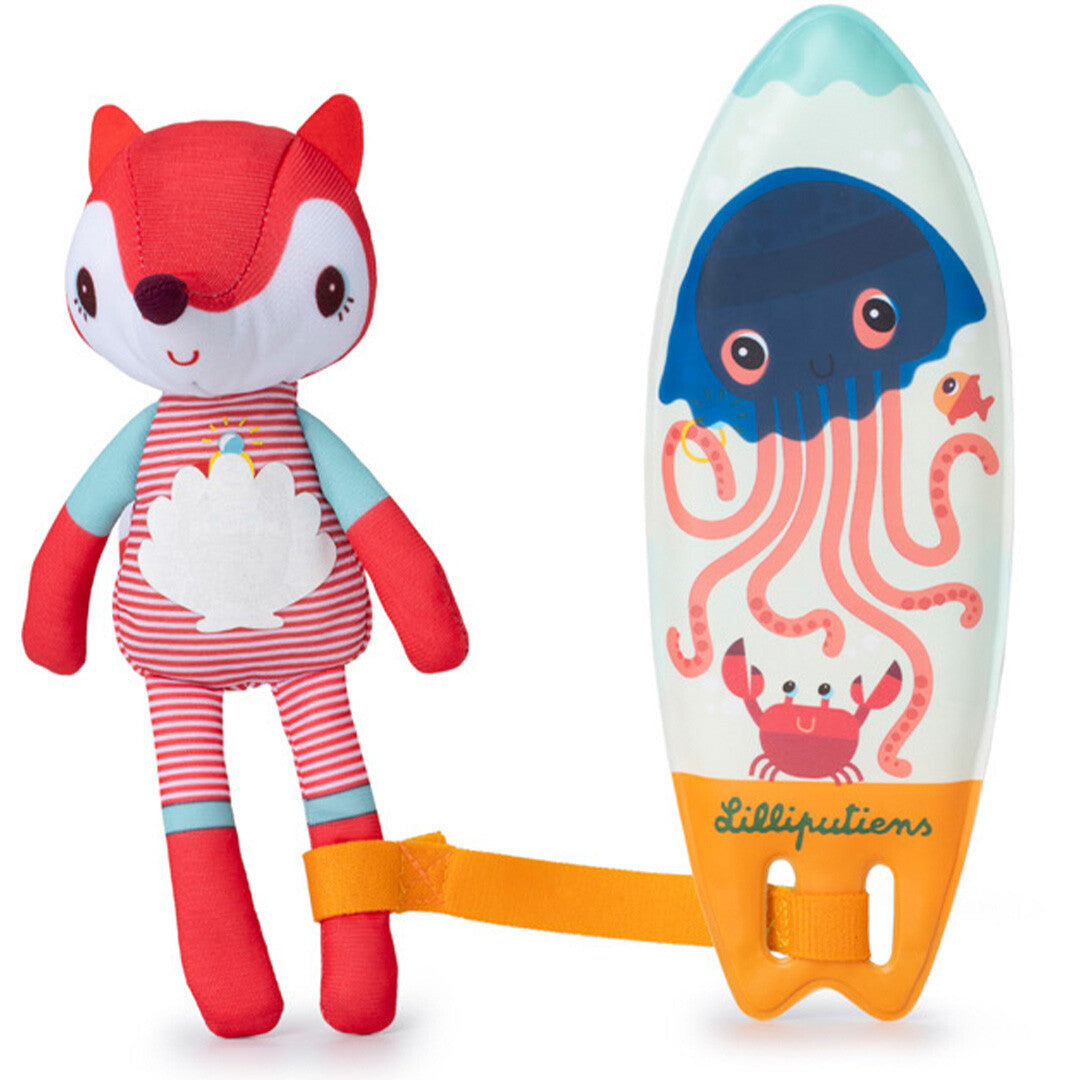 Lilliputiens badspeelgoed set met een rode vossenpop en een surfboard met blauwe octopus en krab.