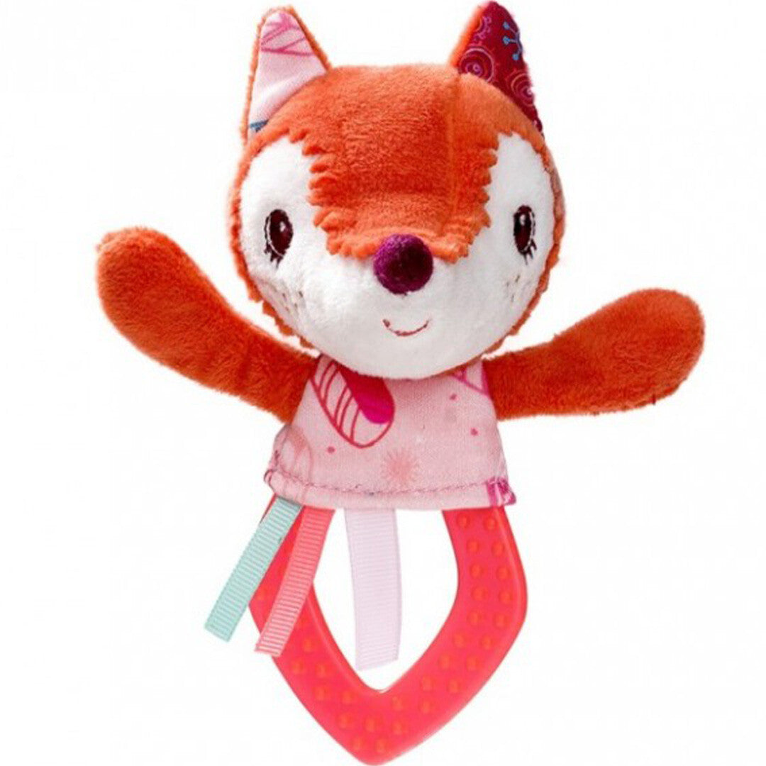 Lilliputiens babyspeelgoed bijtring en rammelaar in de vorm van een oranje vos met roze kleding en bijtring.