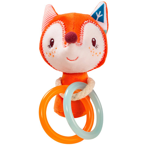 Lilliputiens oranje grijpknuffeltje in de vorm van een vos met twee bijtringen.