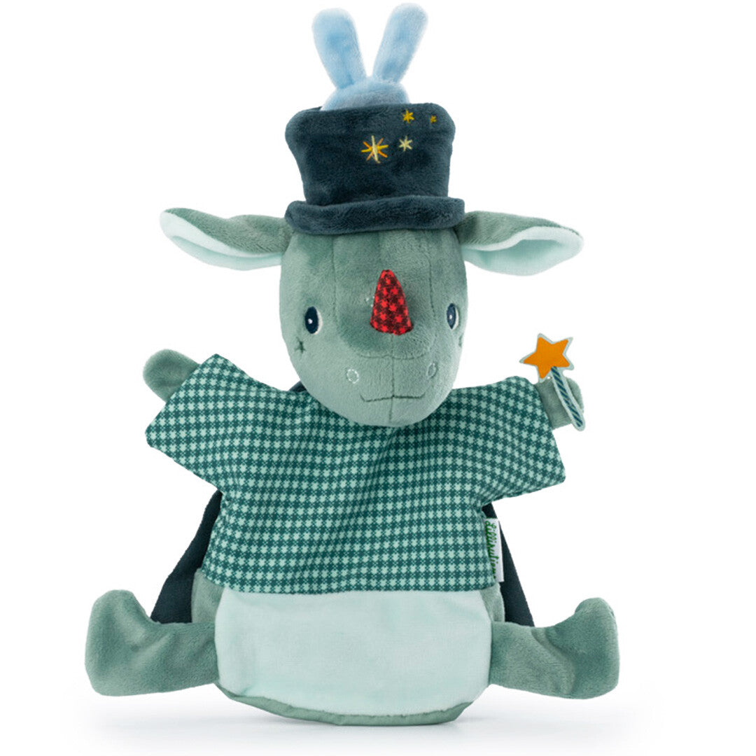 Lilliputiens handpop Joe de goochelaar, een groen fantasiedier met tovenaarshoed en sterrenstaf, zittend afgebeeld.