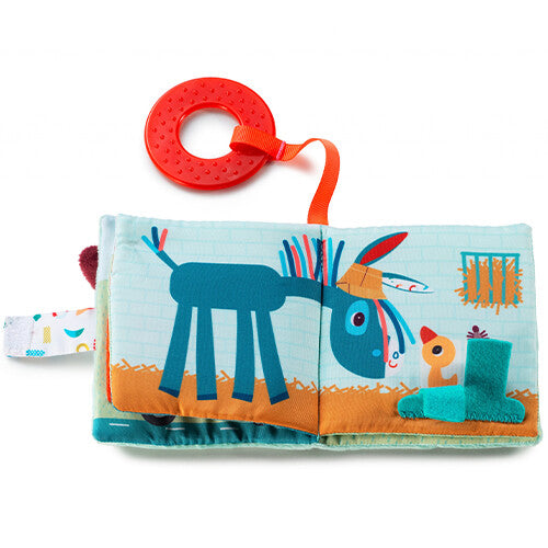 Een open Lilliputiens babyspeelgoed kijk- en speelboekje boerderij met een ezel en een kip.