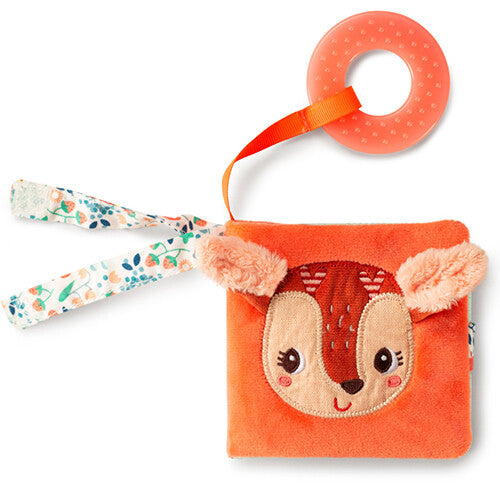 Lilliputiens babyspeelgoed kijk- en speelboekje Stella met een hertenkop op de voorkant en een bijtring.