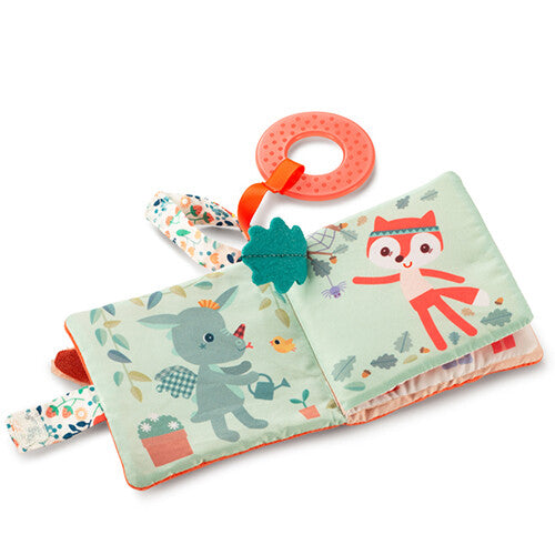 Open Lilliputiens babyspeelgoed kijk- en speelboekje Stella met illustraties van een draakje en een vosje in een bos.