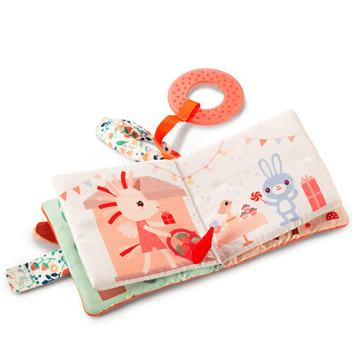 Open Lilliputiens babyspeelgoed kijk- en speelboekje Stella met illustraties van een feestje met dieren en cadeautjes.