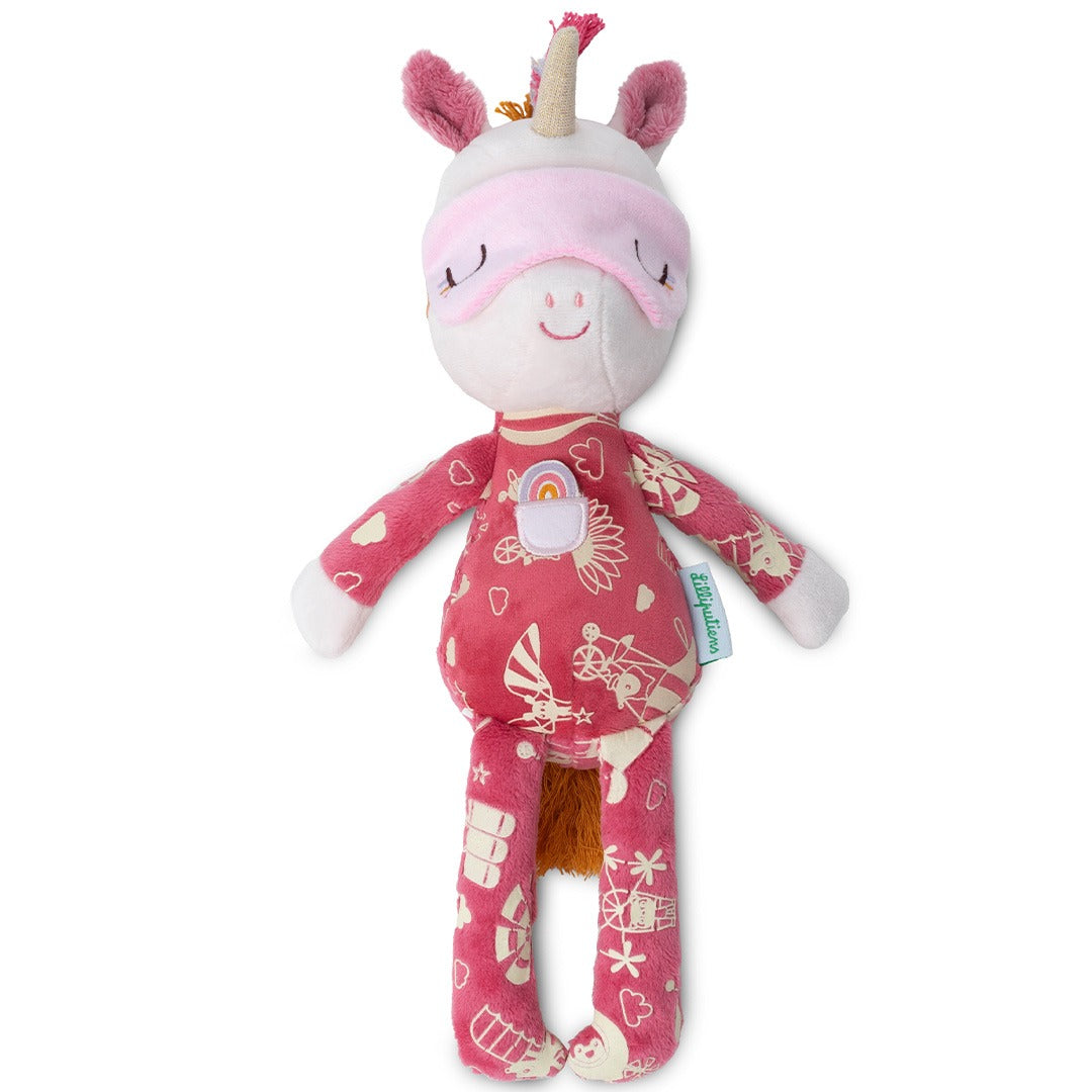 Lilliputiens pluchen eenhoorn knuffel Lena staat rechtop met roze pyjama en slaapmasker.