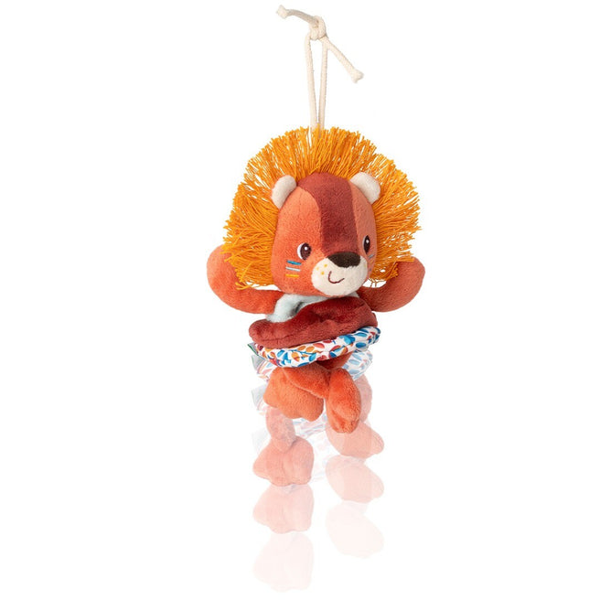 Lilliputiens babyspeelgoed bibberpopje in de vorm van een oranje leeuw met gele manen, hangend met reflectie.