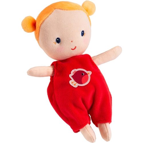 Lilliputiens lappenpop Agathe met oranje haar in een rode romper met vogelapplicatie.