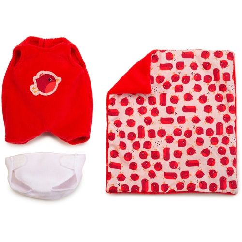 Rode poppenromper met vogelapplicatie, een witte luier en een rood-wit poppendekentje met vogelpatroon.