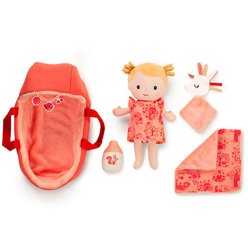Lilliputiens lappenpop baby Lena set met losse onderdelen: pop, flesje, eenhoorn knuffeltje, dekentje en draagmand.