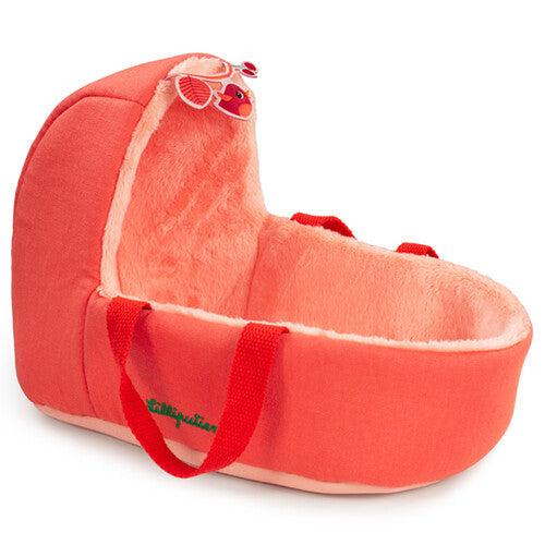 Lege oranje draagmand van Lilliputiens voor een babypop, met rode handvatten.