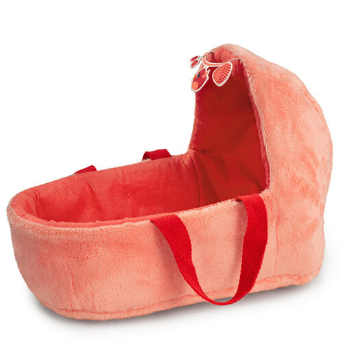 Lege oranje draagmand van Lilliputiens voor een babypop, met rode handvatten.