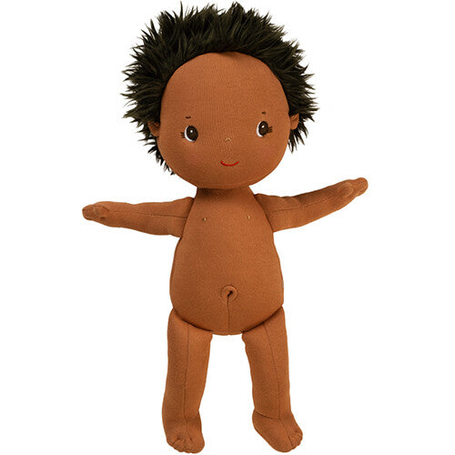 Lilliputiens lappenpop Sasha met donkere huid en donker haar, zonder kleding of luier.