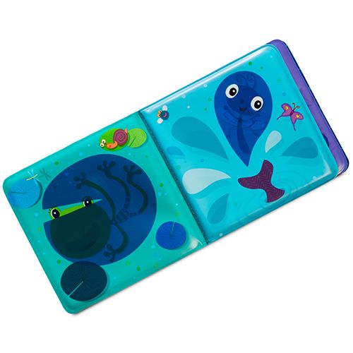 Open Lilliputiens badboekje met een kikker op de linkerpagina en een blauw waterdier op de rechterpagina.