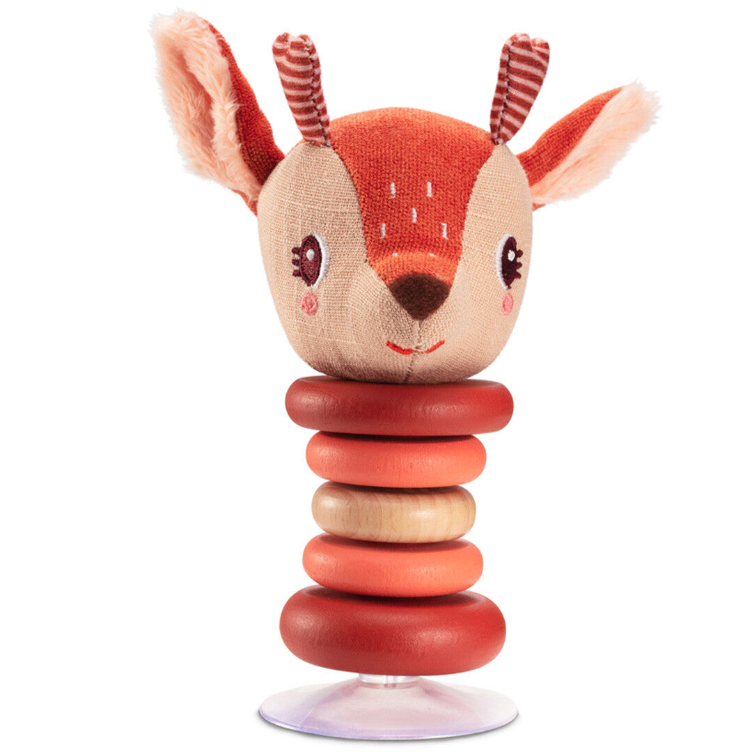 Lilliputiens babyspeelgoed rammelaar met zuignap, een hertje (Stella) met houten ringen.
