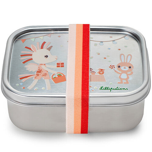 Lilliputiens rvs broodtrommel met feestelijke dierenillustratie en een gestreepte elastische band eromheen.