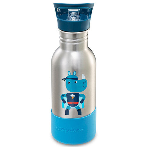 Lilliputiens RVS drinkfles met blauwe dop en een superheld neushoorn figuur.