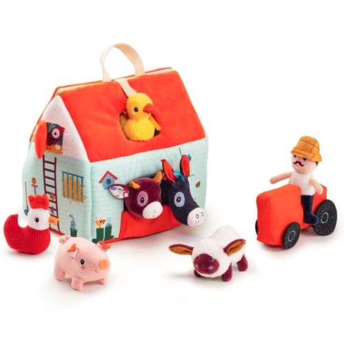 Lilliputiens pluche boerderij speelset met een huis, een boer op een tractor en diverse boerderijdieren.