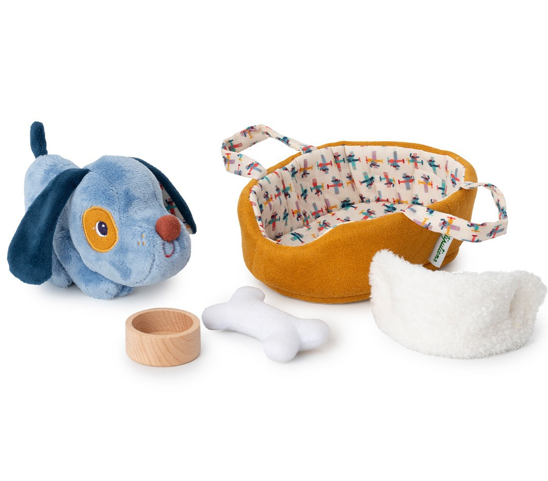 Lilliputiens pluchen speelset met blauwe hond Jules, een hondenmand, voerbak, bot en deken.