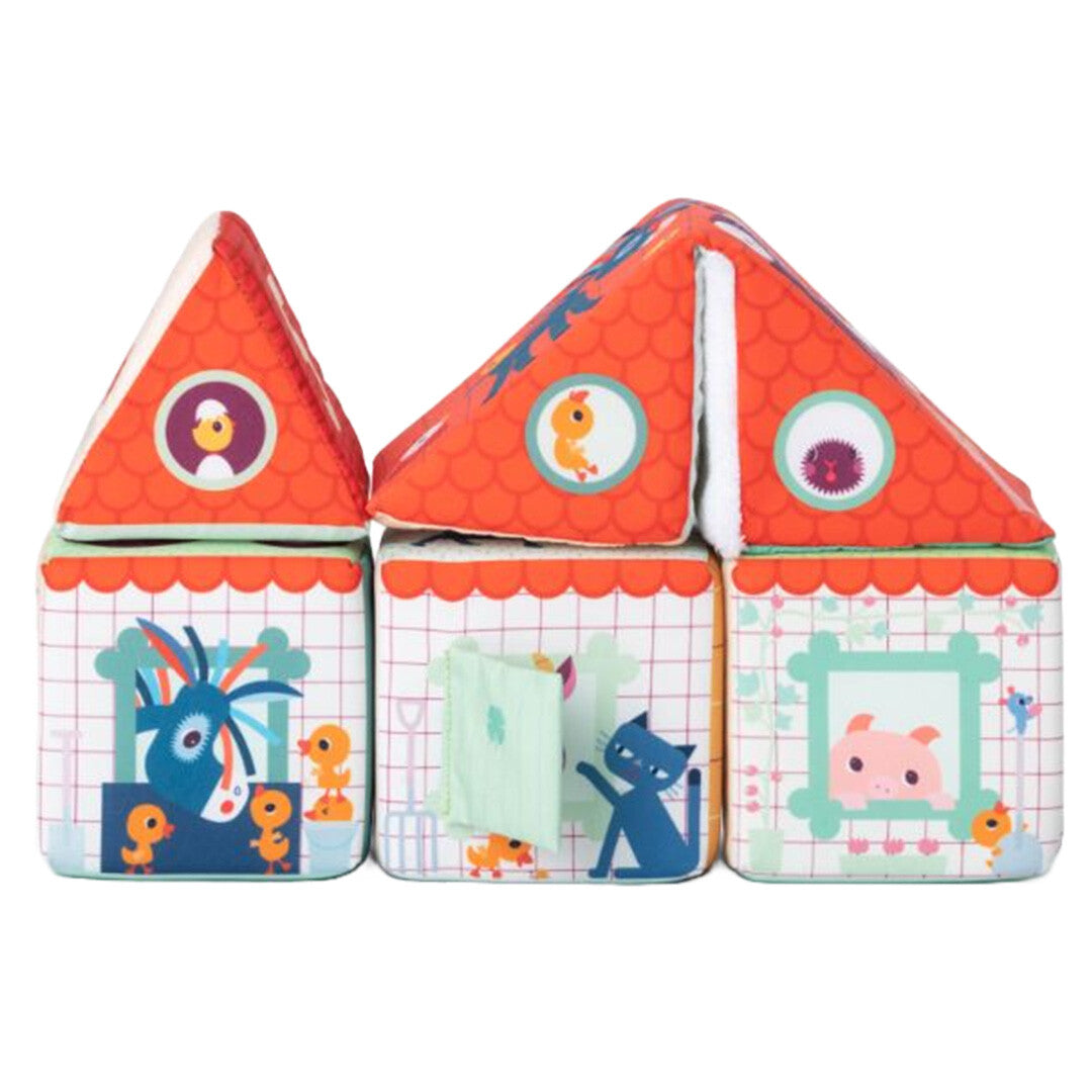 Lilliputiens boerderij schuimrubberblokken in de vorm van een huis met dierenillustraties.