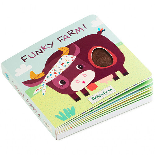 Lilliputiens voelboek met geluiden 'Funky Farm!' met een paarse koe op de voorkant.