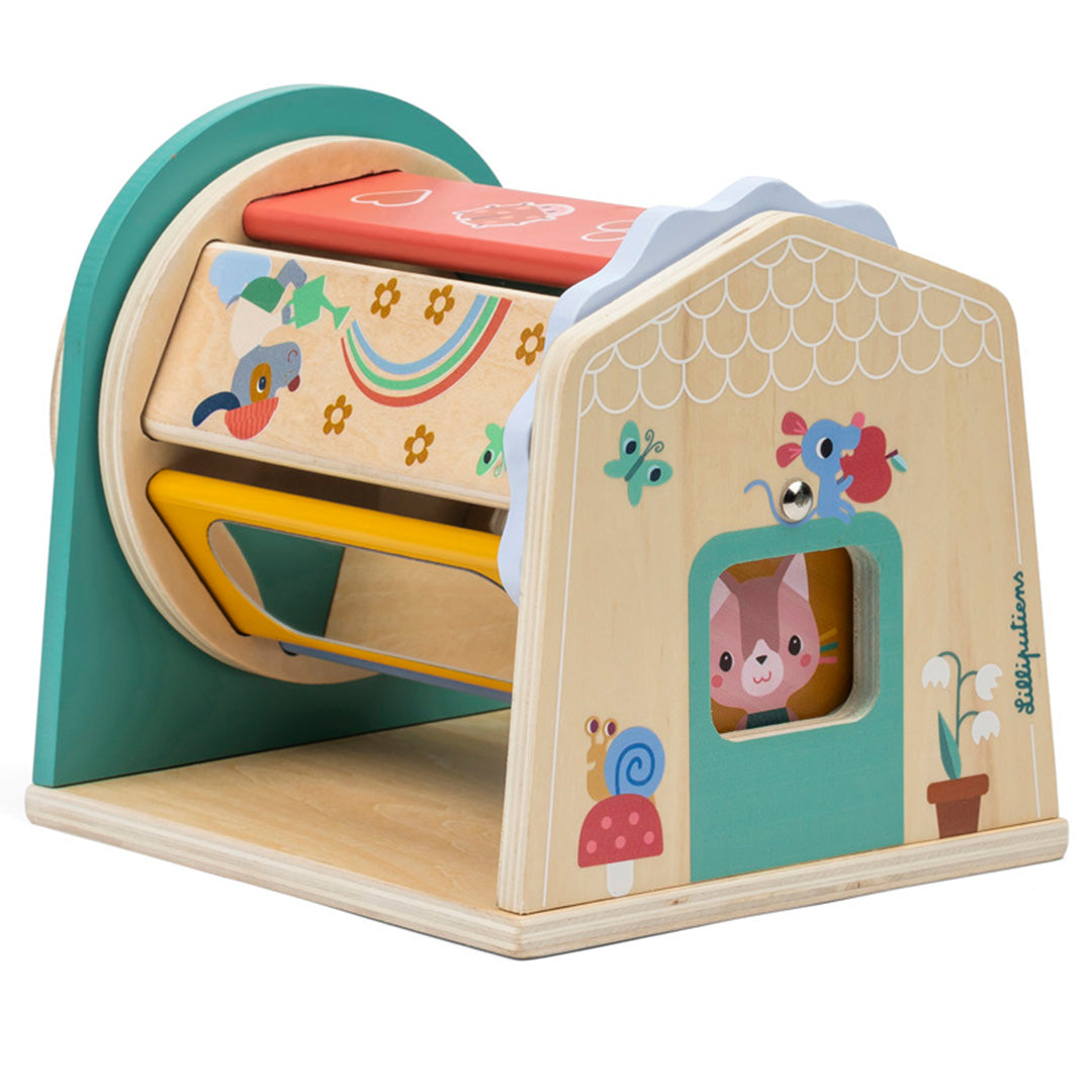 Lilliputiens houten activiteiten- kleurenroller met een huisje aan de zijkant en draaibare blokken met figuren.