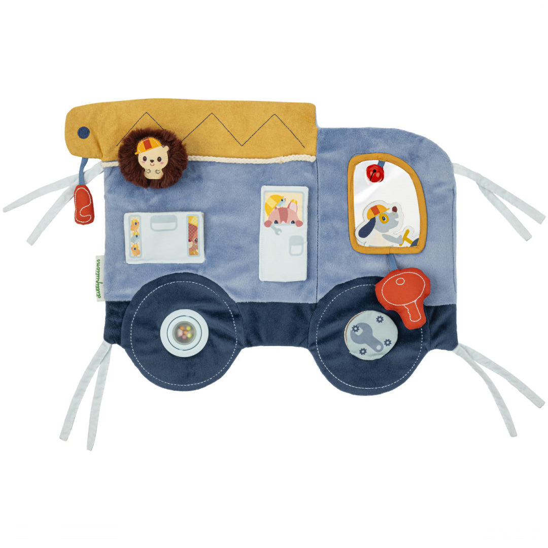 Lilliputiens activiteitenpaneel Jules de klusjesman, een blauw interactief babyspeelgoed in de vorm van een vrachtwagen.
