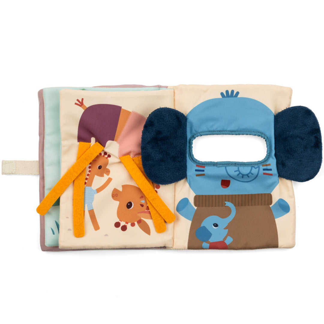 Lilliputiens babyspeelgoed activiteitenboek open met pagina's van een giraffe en een olifant met een spiegel.