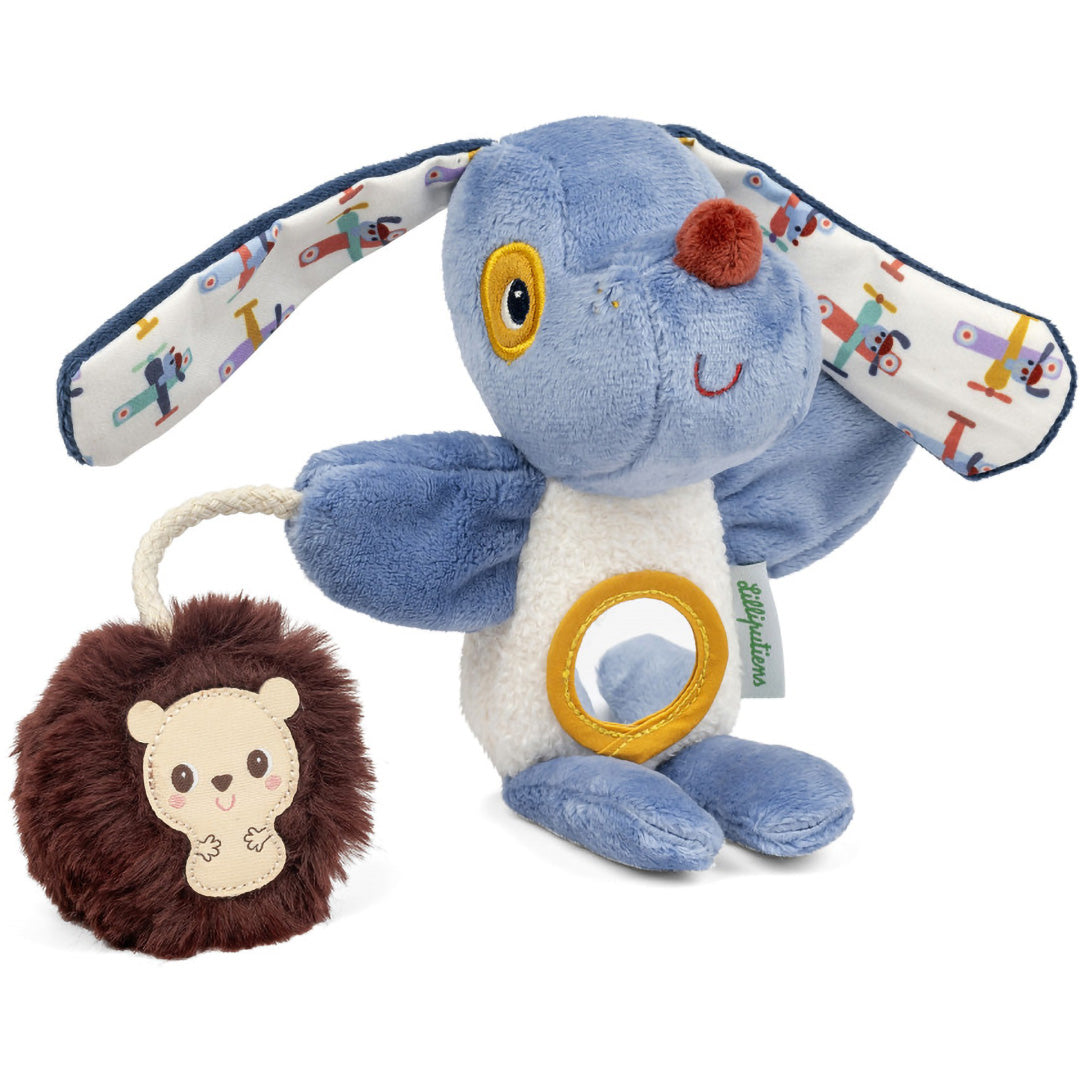 Lilliputiens Jules activiteiten handpop met rammelaar, blauw, met spiegel en oren met voertuigpatroon.
