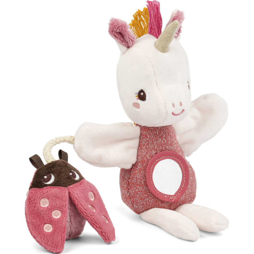 Lilliputiens babyspeelgoed activiteiten handpop eenhoorn met rammelaar lieveheersbeestje.