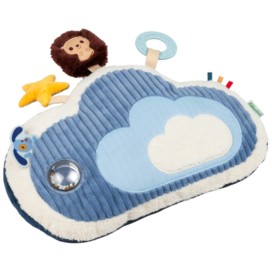 Lilliputiens activiteitenkussen Jules de hond in de vorm van een blauwe wolk met rammelaar, bijtring, egel en ster.